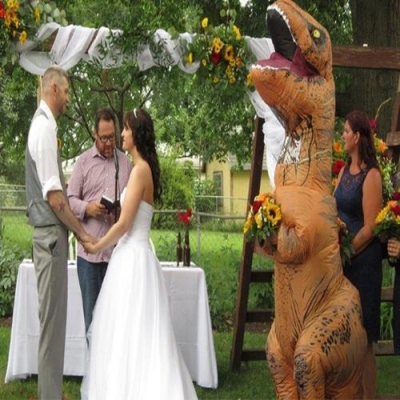 Mulher vai fantasiada de T-Rex no casamento da irmã